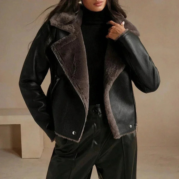 Black Casual Women's Faux Leather Composite Collar Jacket - Picture 7 of 7